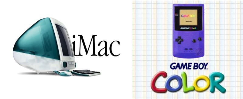 Apple社から発売された初代iMac、Nintendoから発売されたゲームボーイカラーの写真
